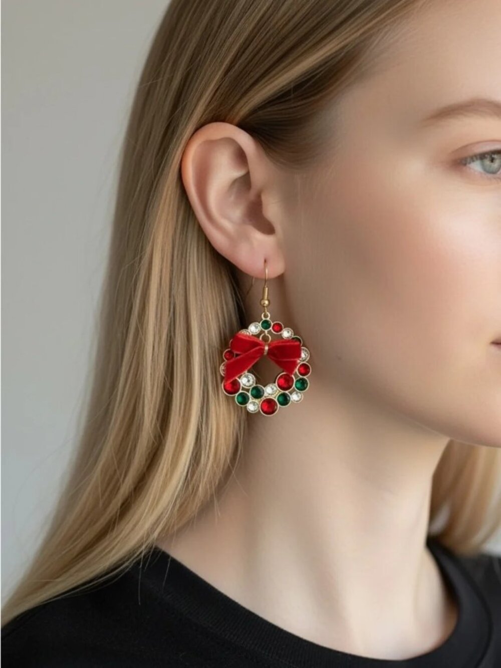 Gold-Tone Red & Green Holiday Wreath Earrings with Red Bow